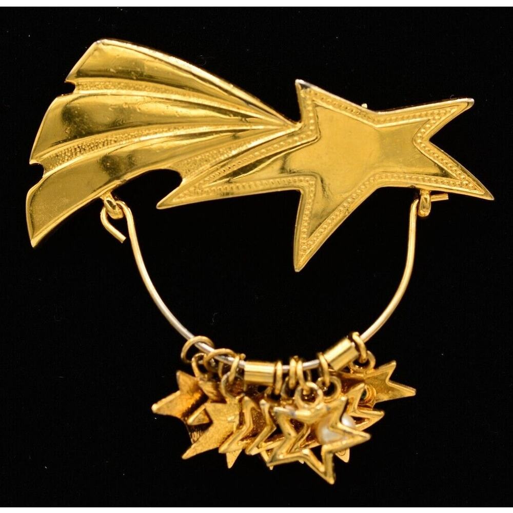 Vintage Shooting Star Pin Brooch Gold Tone Wired Charms Dangle 80s 1980s BinAC